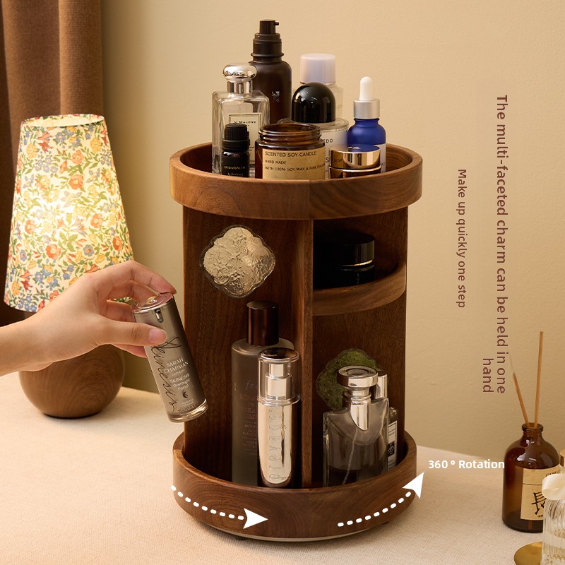 Beauty Makeup Table - 無垢材回転式メイクアップオーガナイザー、デスクトップ収納ラック、化粧台、化粧品スタンド、多機能ビューティーディスプレイシェルフ