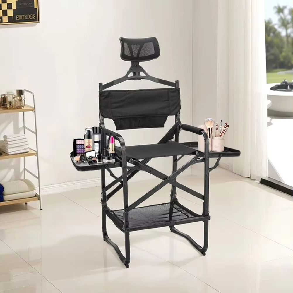 Beauty Makeup Table - 背の高いディレクターズチェア、頑丈なバーハイト折りたたみ式メイクアップチェア、パッド入りシート、サイドテーブルフットレスト付き、キャンプ、自宅、パティオ用
