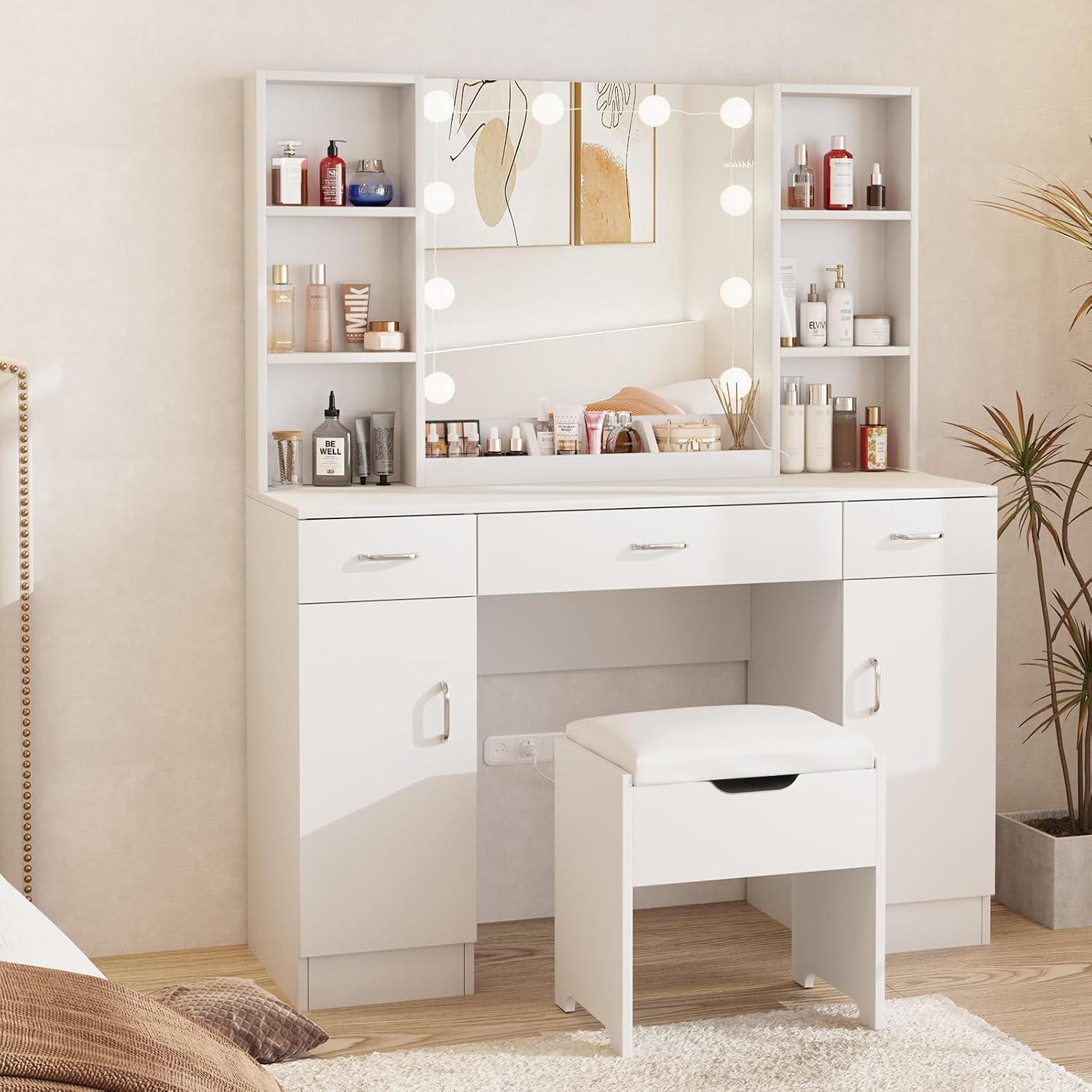 Beauty Makeup Table - ライト付きミラー付き化粧台、白い化粧台セット、3つの引き出し、2つのキャビネット、収納スツール付き、大型化粧台