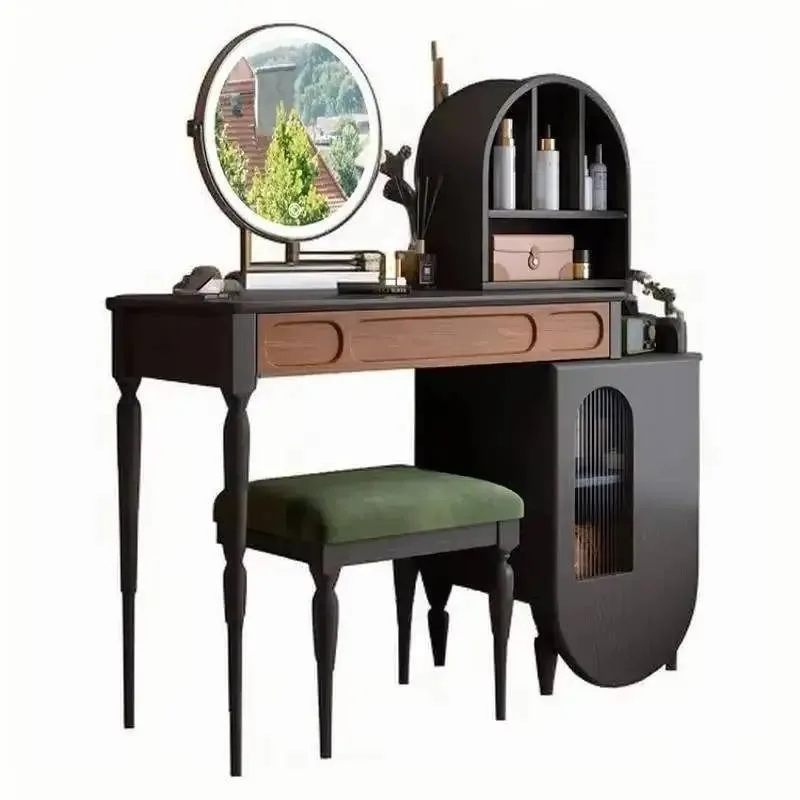 Beauty Makeup Vanity Set - オーガナイザー付き黒の化粧台、引き出し、スツール、大型ビューティーフルセット、メイクアップキャビネット、豪華でモダンな、流行の家具