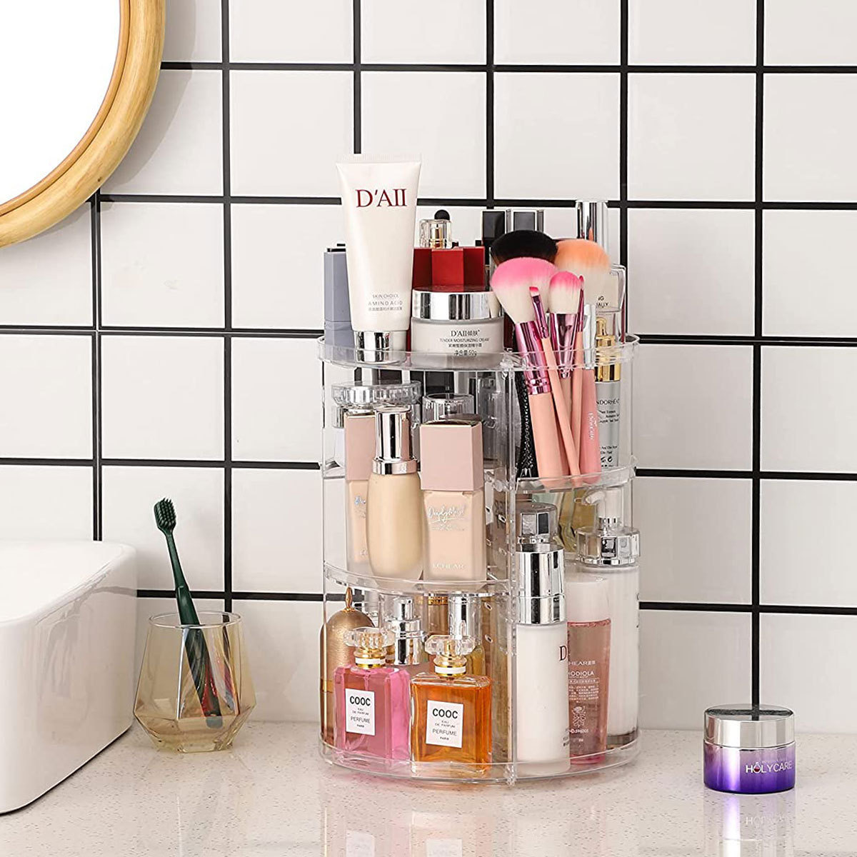 Beauty Makeup Table - 360度回転式化粧品収納ラック（棚板調整可能）—頑丈で電源不要の化粧品収納キャビネット、バスルームの洗面台、化粧台に最適—女性へのプレゼントに最適（誕生日/結婚式/祝日）—美容ディスプレイキャビネット、化粧品オーガナイザー、クリスタルのような素材、安定した構造、スキンケア愛好家に人気、香水オーガナイザー