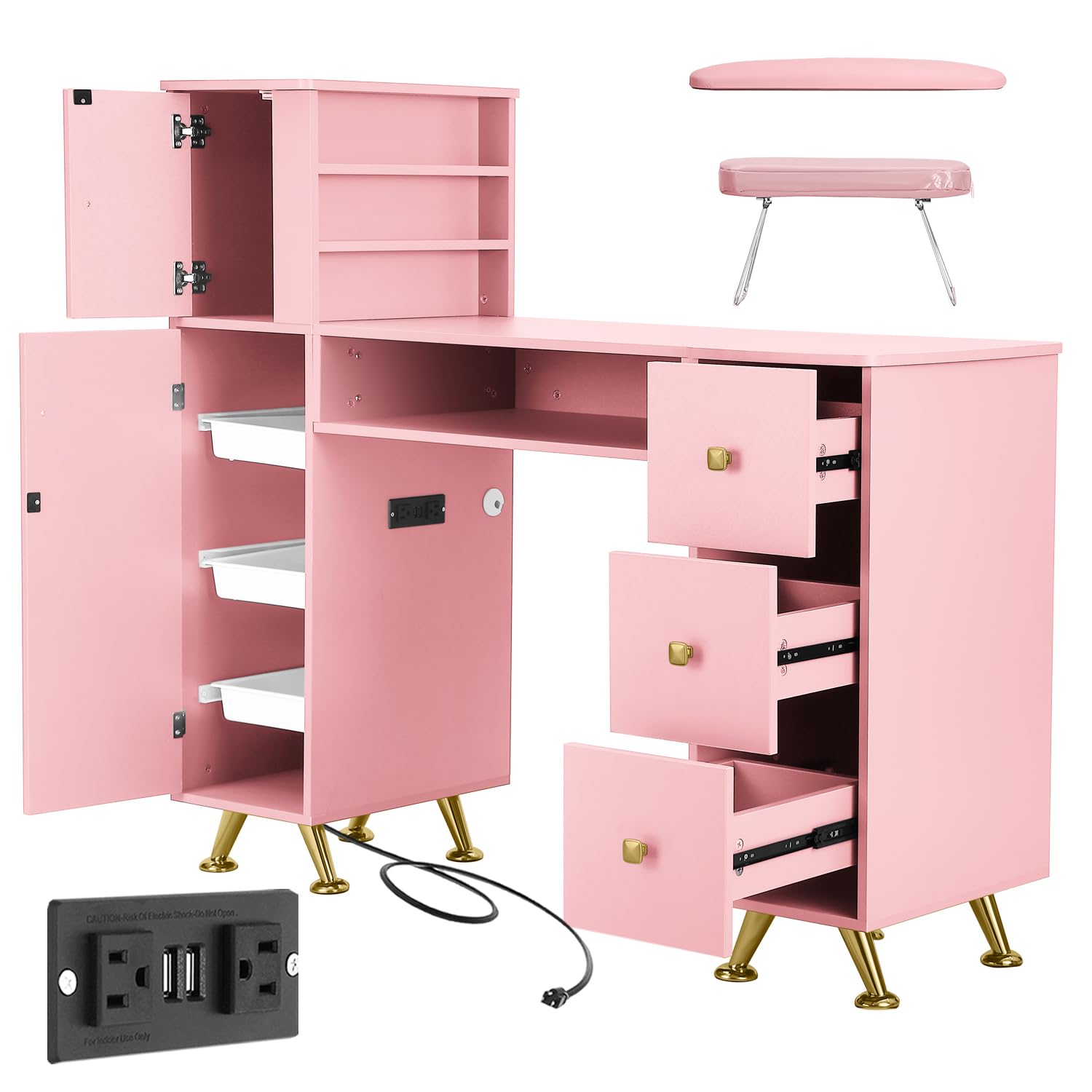 Beauty Makeup Table - ピンクのネイルテーブル（ネイリスト用）、技術者用デスク、マニキュアテーブル、メイクアップビューティースパサロン用ステーション、カスタムメイド