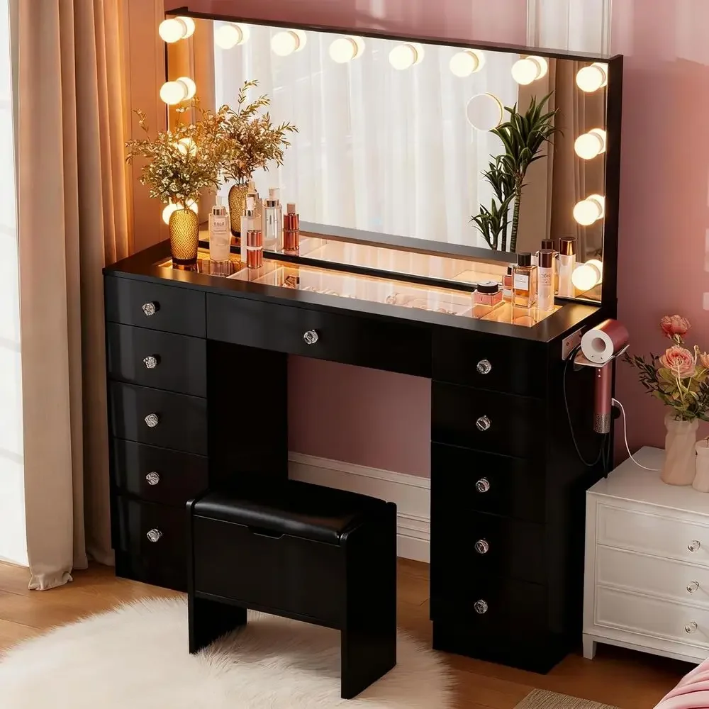 Beauty Makeup Table - 46 LED照明付き化粧台、ミラー付き、3色照明、明るさ調整可能、ガラストップ化粧台、ソフトクッション付きスツール、B