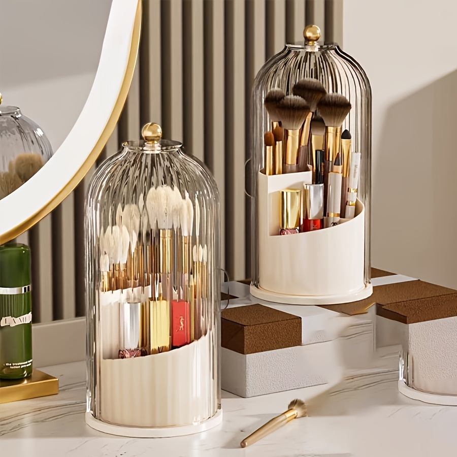 Beauty Makeup Table - 5点セット、360度回転式防塵美容収納ラック、透明な縦縞トップカバー付き、多区画化粧品収納ボックス、縦縞透明小型収納ボックス1個と小型ジュエリーボックス3個付き、防水バスルームアクセサリー化粧ブラシ収納ホルダー、化粧ブラシ、口紅、スキンケア製品、ジュエリーに最適、バスルームのカウンタートップ、化粧台、デスクトップにアイテムを収納可能