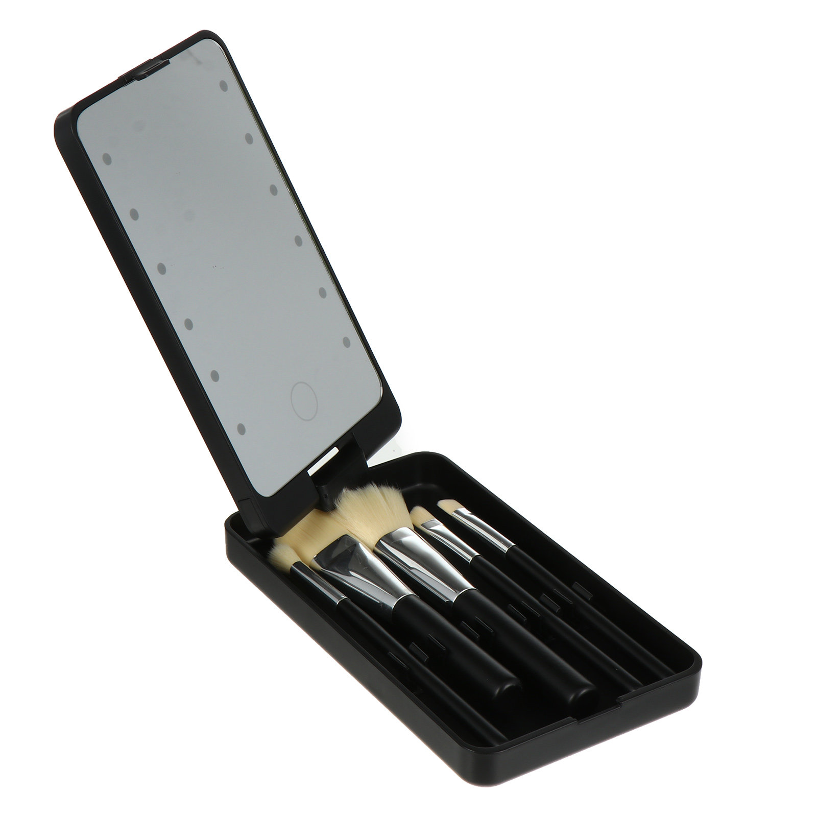 Beauty Makeup Vanity Set - 5個入りLEDライト付きメイクアップミラーセット、折りたたみ式回転トラベルミラー、ブラシ収納付き、クリアHD表面、美容用バニティツール