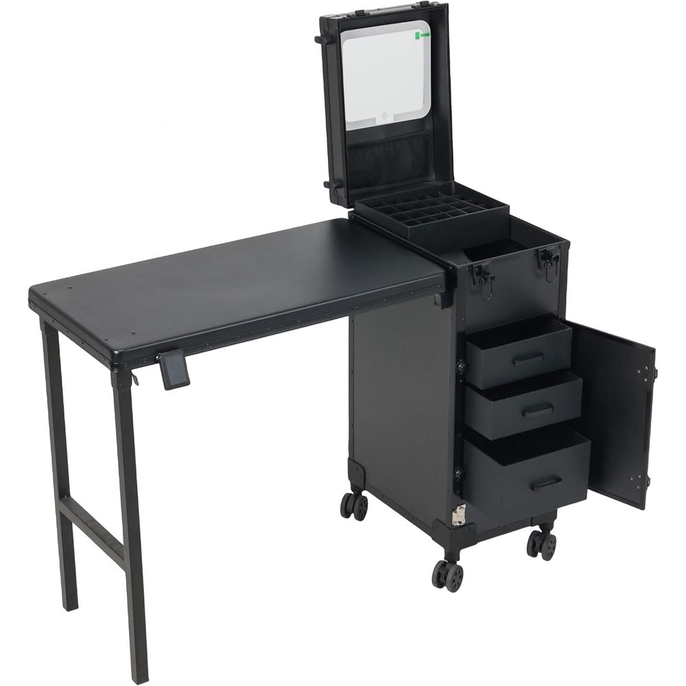 Beauty Makeup Table - 収納付きポータブルネイルアートテーブル - 360 ° 回転式ホイール、モバイルビューティーステーション、旅行用ローリングメイクアップオーガナイザーカート