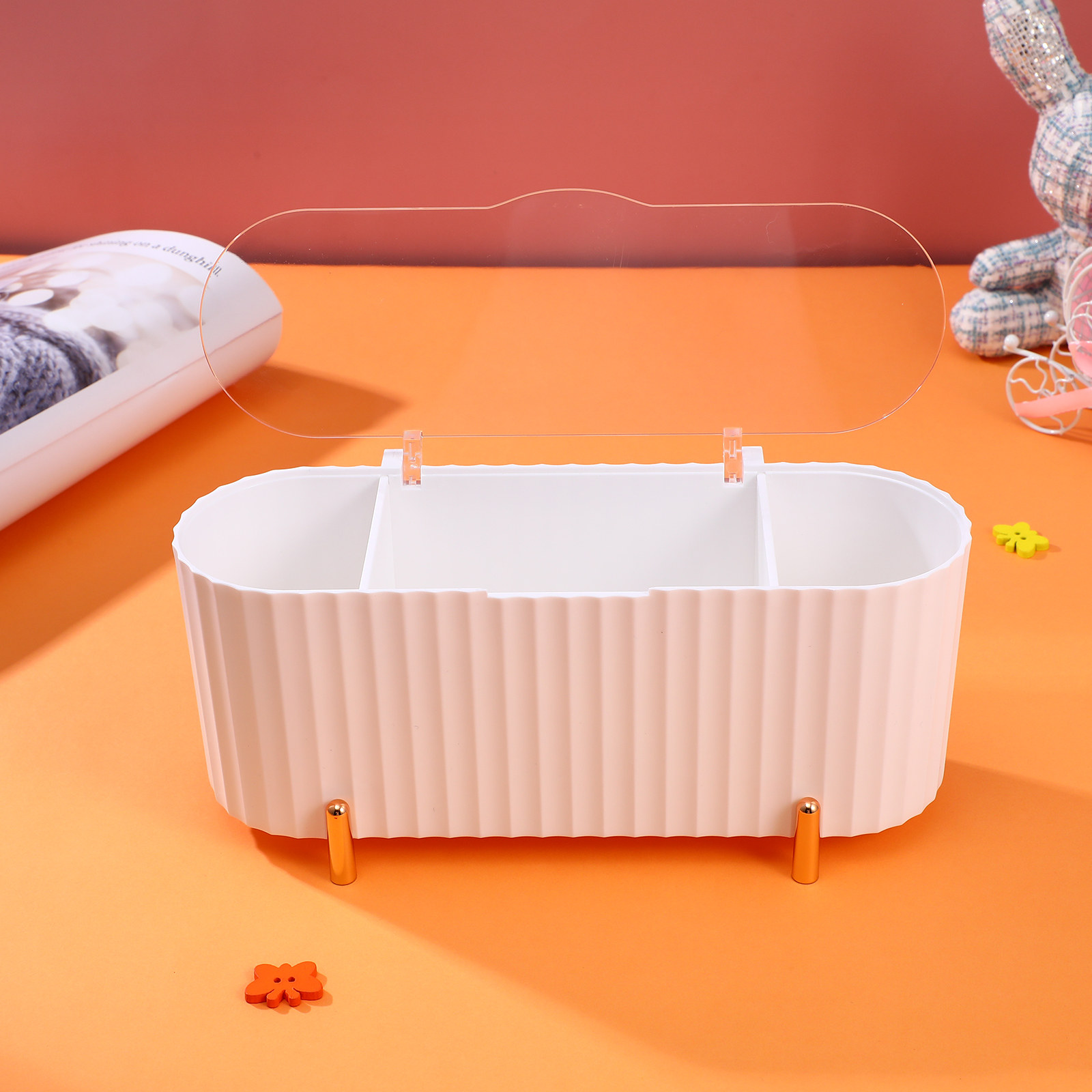 Beauty Makeup Organizer - 2個入り収納ボックス 3グリッドメイクアップパッドオーガナイザー 綿棒ホルダー ビューティーエッグコンテナ デスクトップオーガナイザー ダストカバー
