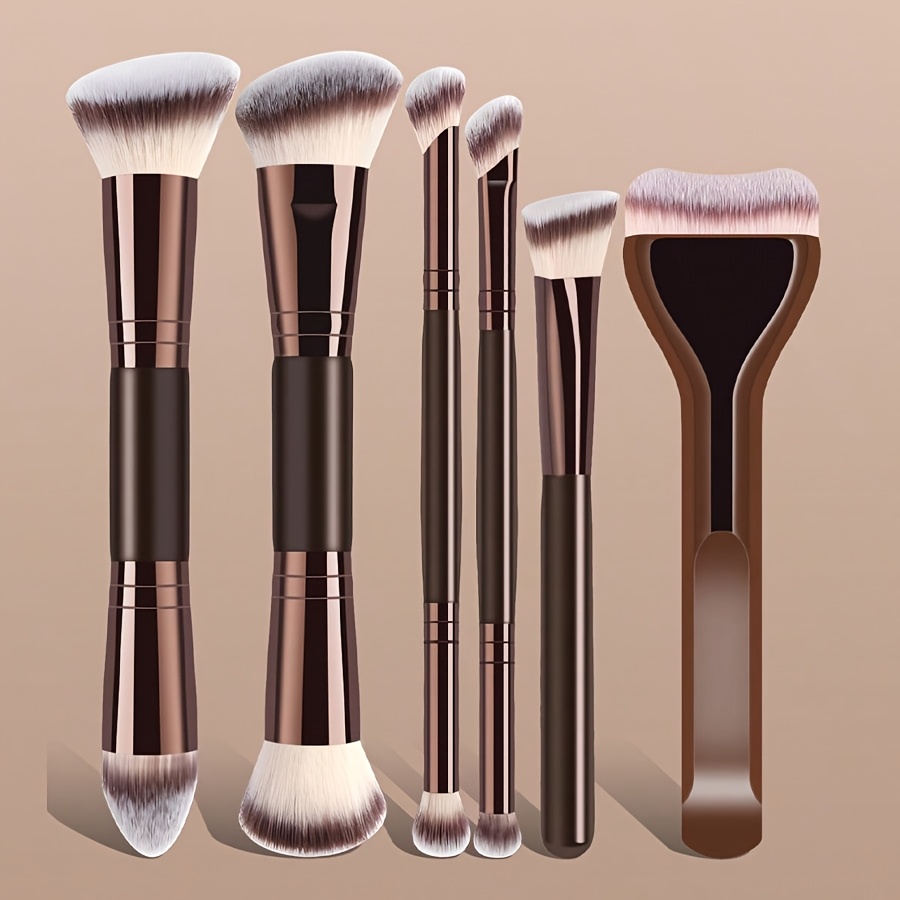 Huda Beauty Makeup Brush Set - 両端メイクブラシセット、6本入り、ファンデーションブラシ、コンシーラーブラシ、輪郭ブラシ、初心者向け、パウダーの無駄が少ないビューティーT