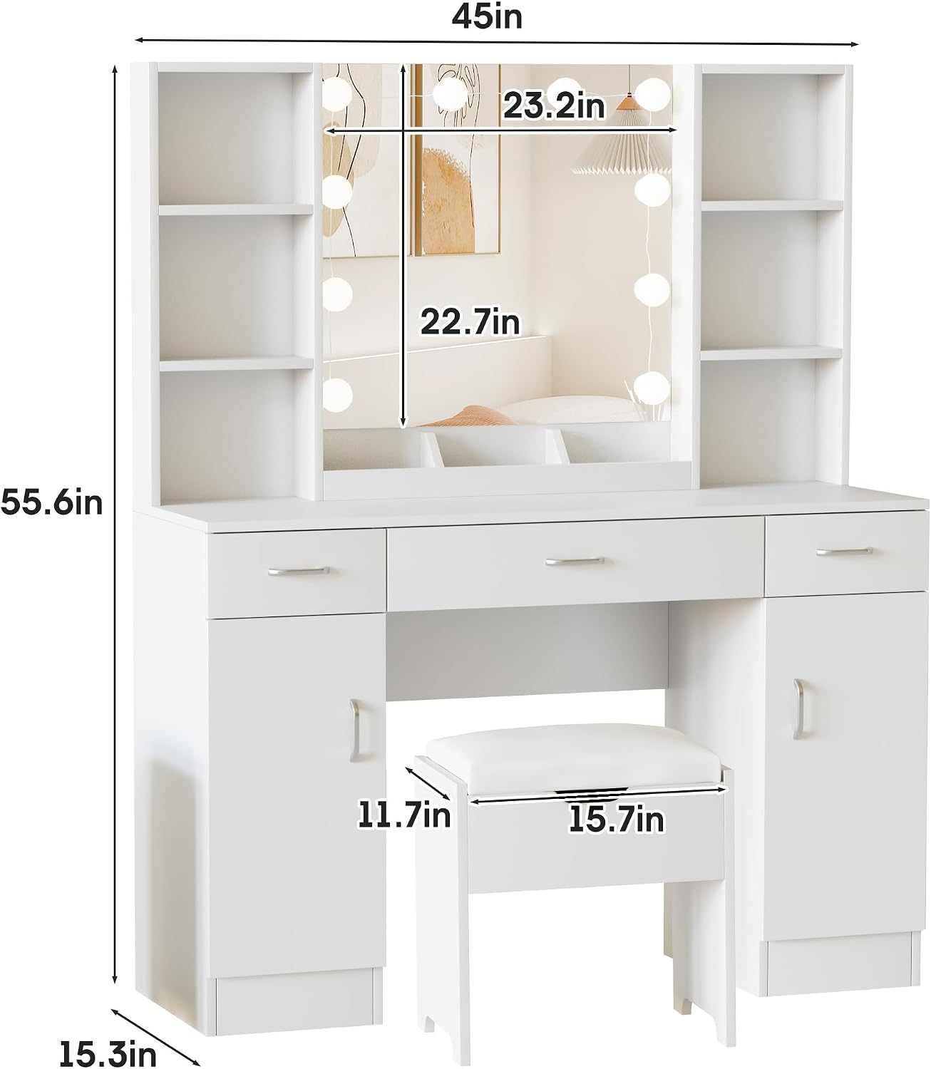 ライト付きミラー付き化粧台、白い化粧台セット、3つの引き出し - Beauty Makeup Table のレビューと価格