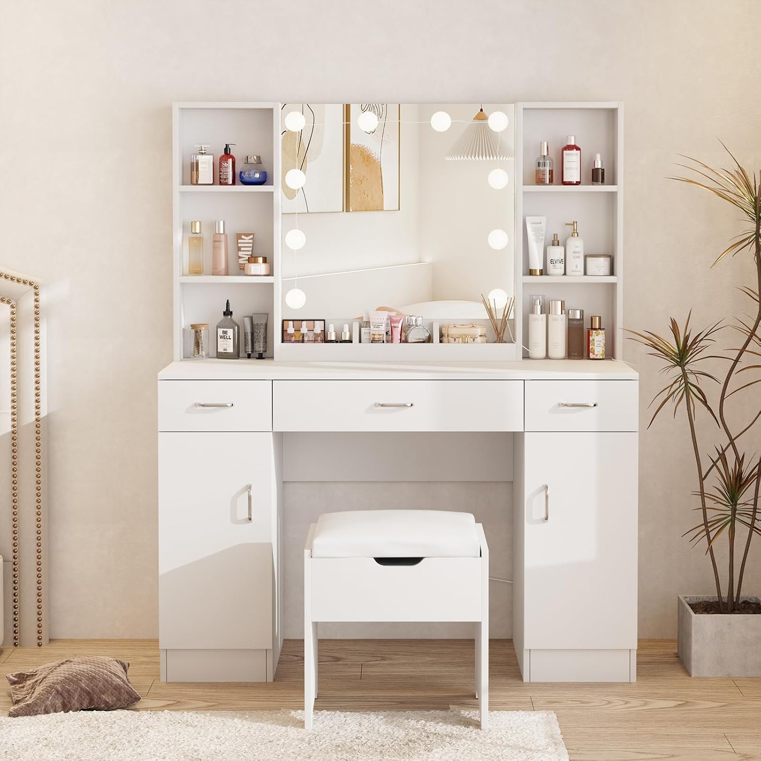 ライト付きミラー付き化粧台、白い化粧台セット、3つの引き出し - Beauty Makeup Table のレビューと価格