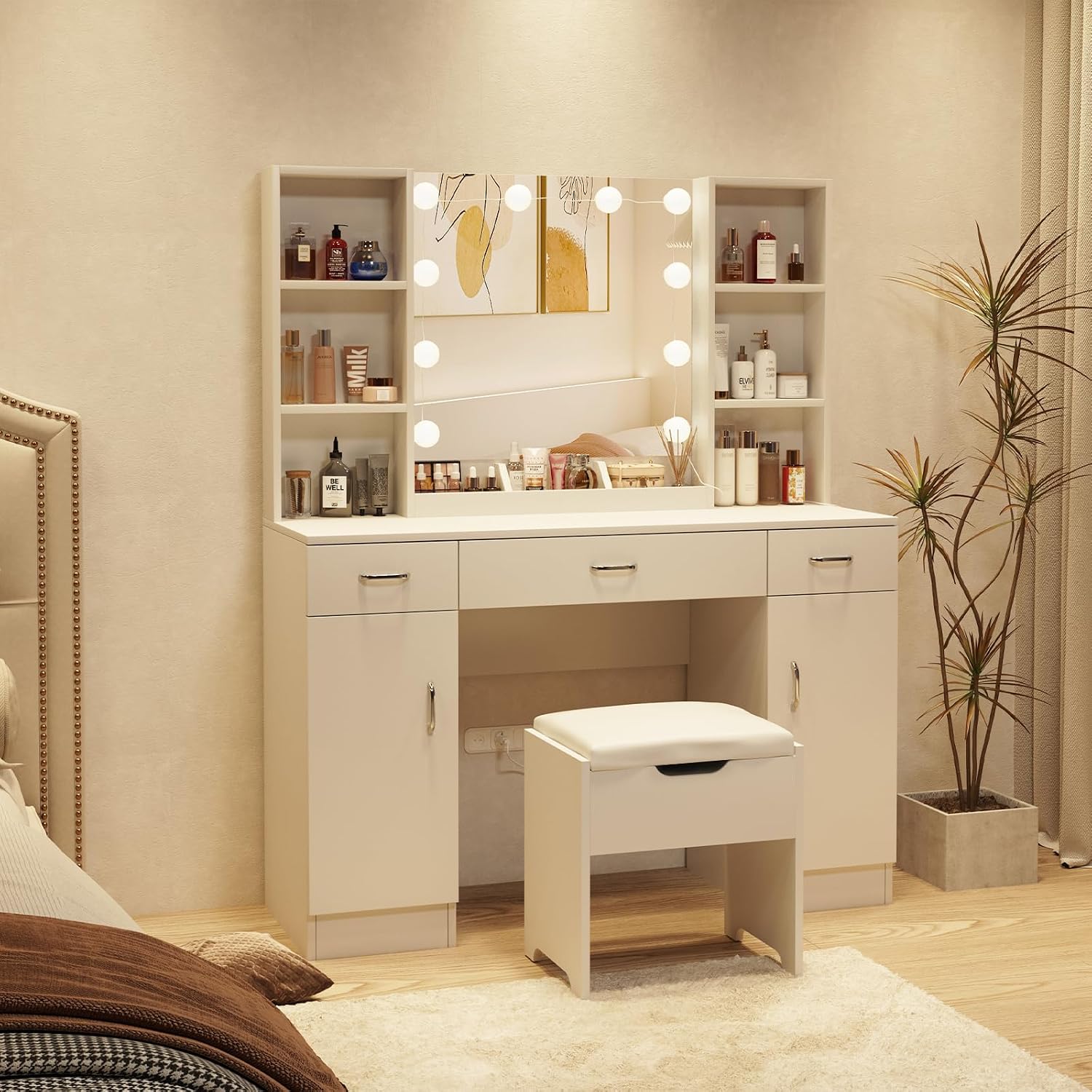 ライト付きミラー付き化粧台、白い化粧台セット、3つの引き出し - Beauty Makeup Table のレビューと価格