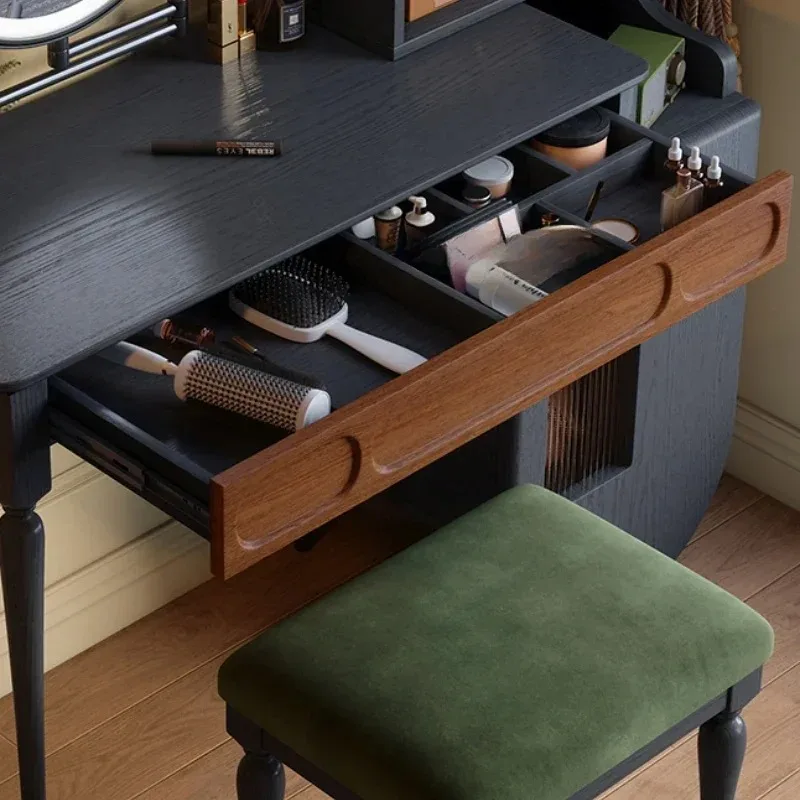オーガナイザー付き黒の化粧台、引き出し、スツール、大型ビュー - Beauty Makeup Vanity Set のレビューと価格