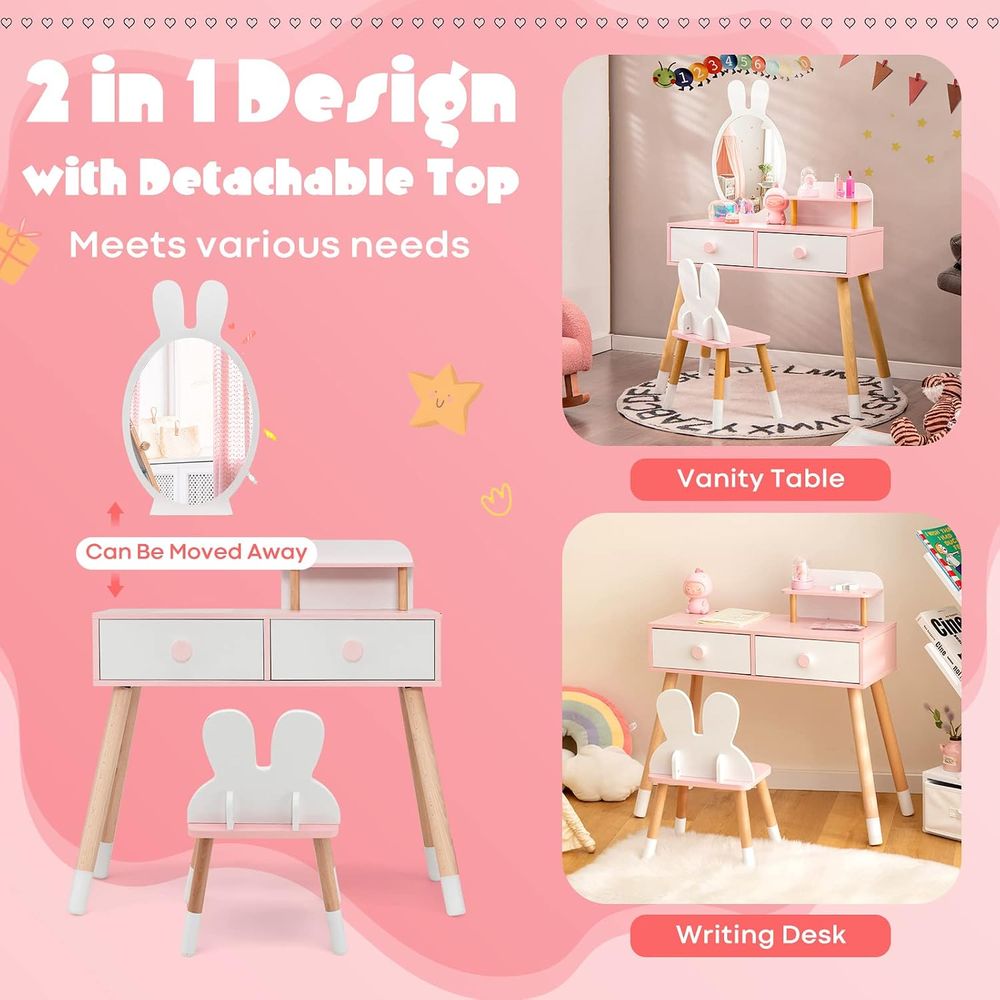 EY キッズバニティ、ウサギをテーマにした幼児用木製メイクア - Beauty Makeup Vanity Set のレビューと価格