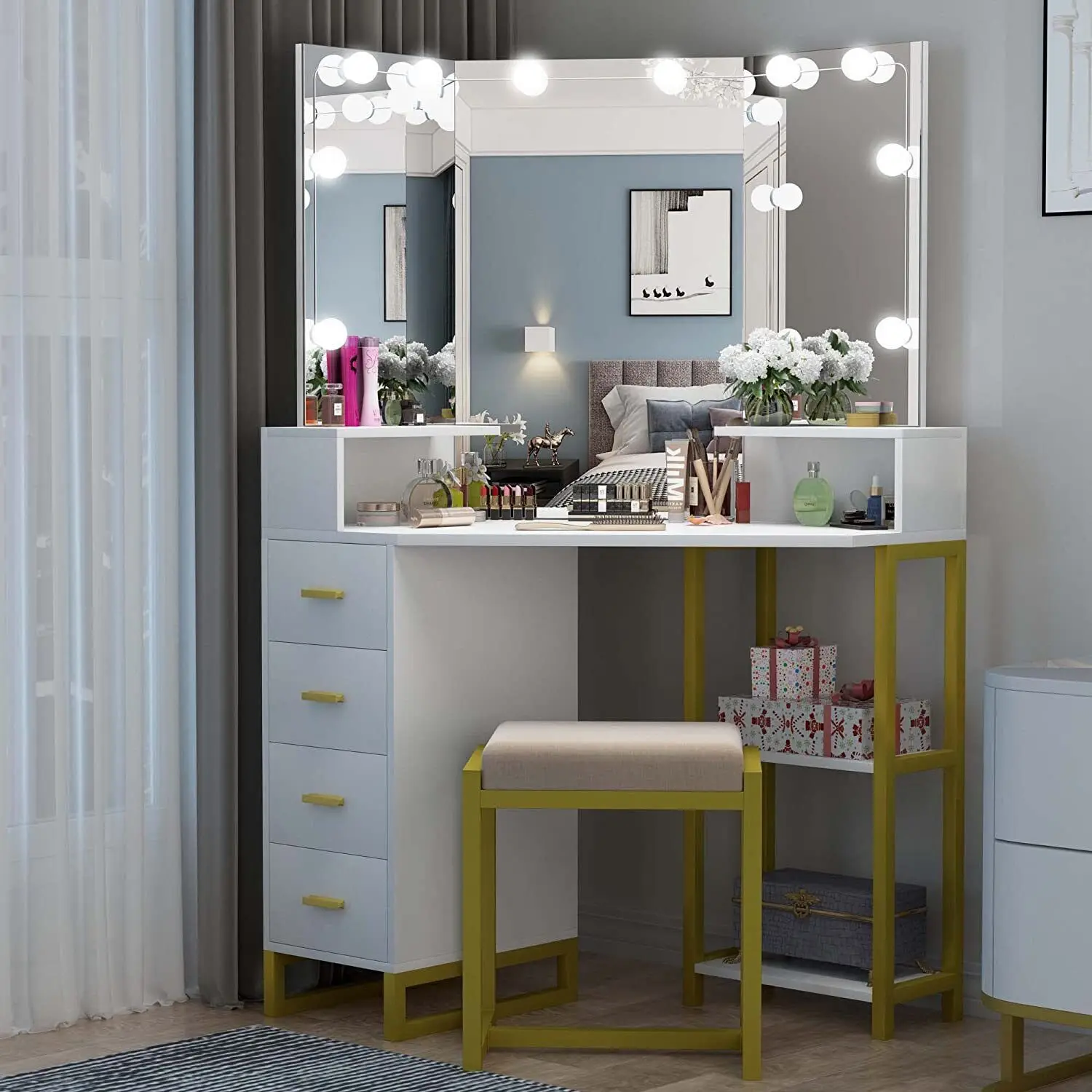 LED照明付きミラー付きビューティーバニティセット メイクア - Beauty Makeup Vanity Set のレビューと価格