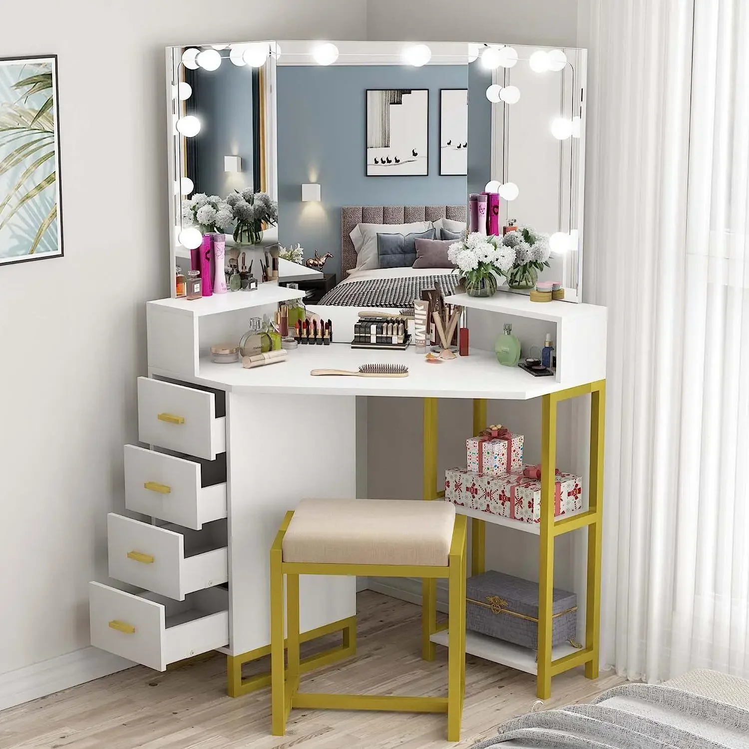 LED照明付きミラー付きビューティーバニティセット メイクア - Beauty Makeup Vanity Set のレビューと価格