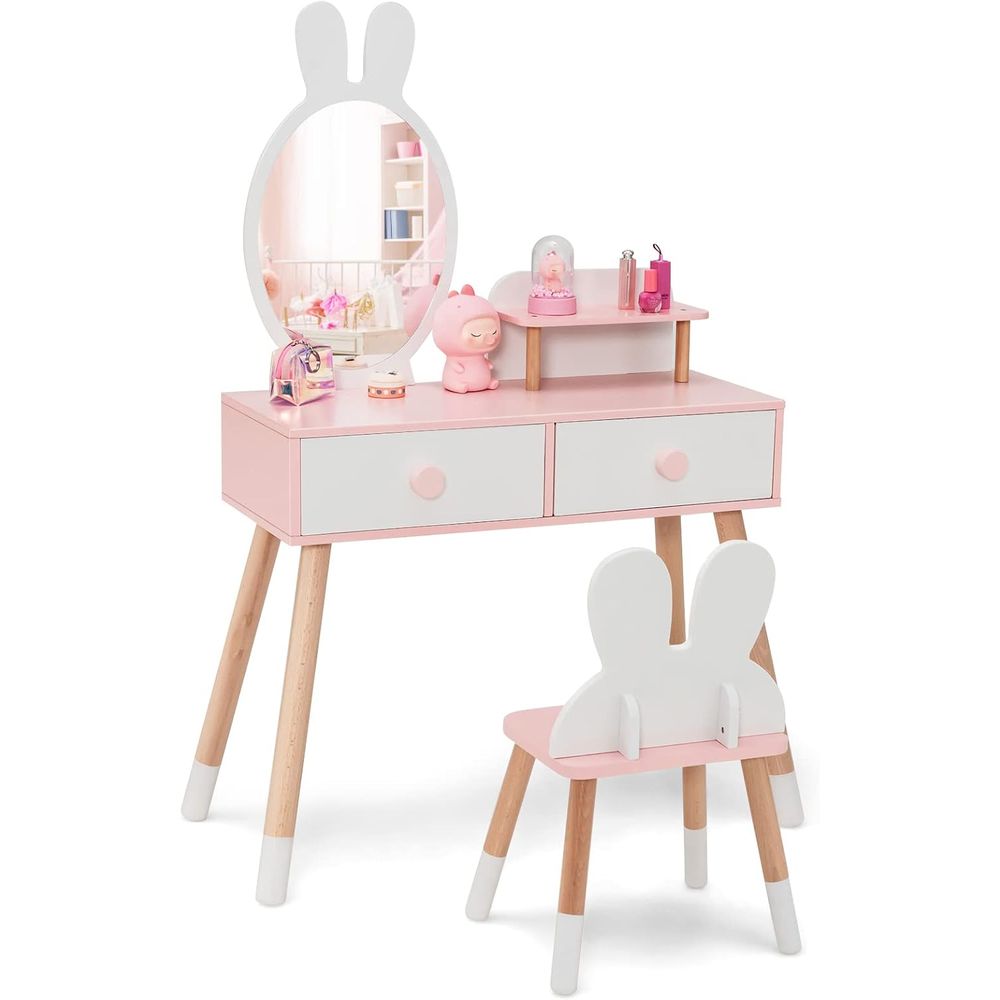 EYキッズバニティ、ウサギをテーマにした幼児用木製化粧台と椅 - Beauty Makeup Vanity Set のレビューと価格