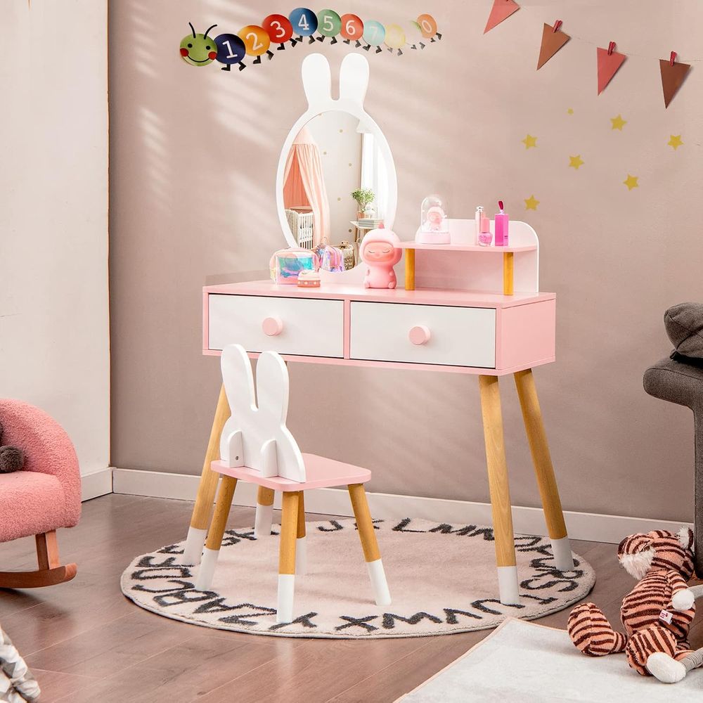 EYキッズバニティ、ウサギをテーマにした幼児用木製化粧台と椅 - Beauty Makeup Vanity Set のレビューと価格