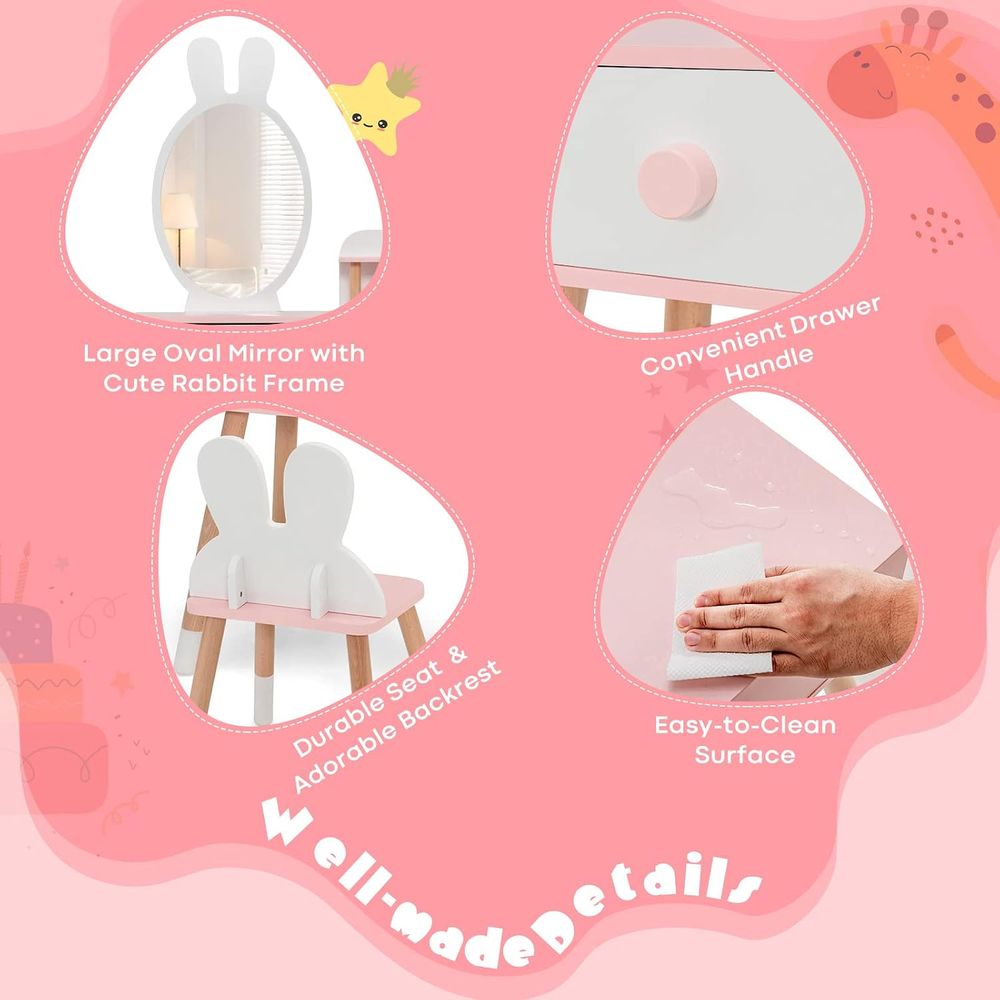 EYキッズバニティ、ウサギをテーマにした幼児用木製化粧台と椅 - Beauty Makeup Vanity Set のレビューと価格