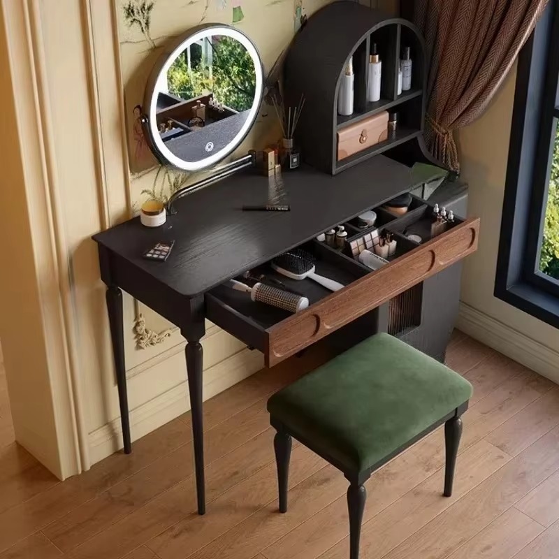 イタリア製ブラックバニティテーブル引き出し付きスツール大型ビ - Beauty Makeup Vanity Set のレビューと価格